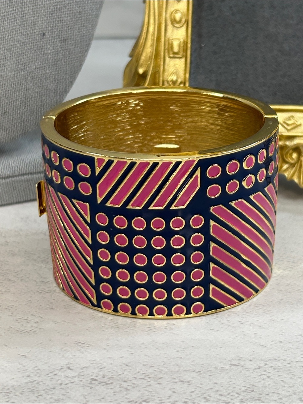 Gold-Tone Geometric Navy and Pink Enamel Cuff Bracelet